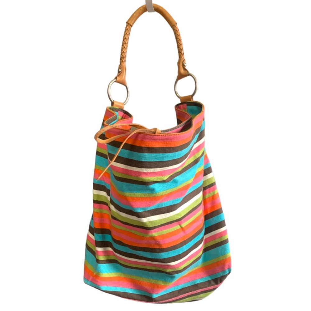 NWT Ceannis of Sweden natural leather and striped canvas bag - Picture 1 of 7